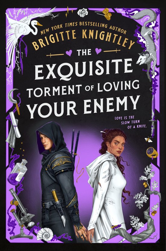 Boekcover met twee personen, een in zwart en een in wit, met de titel 'The Exquisite Torment of Loving Your Enemy' en illustraties van dieren en wetenschappelijke instrumenten.