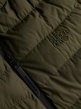 Olijfgroene, gewatteerde jas met rits en geborduurd Superdry logo.