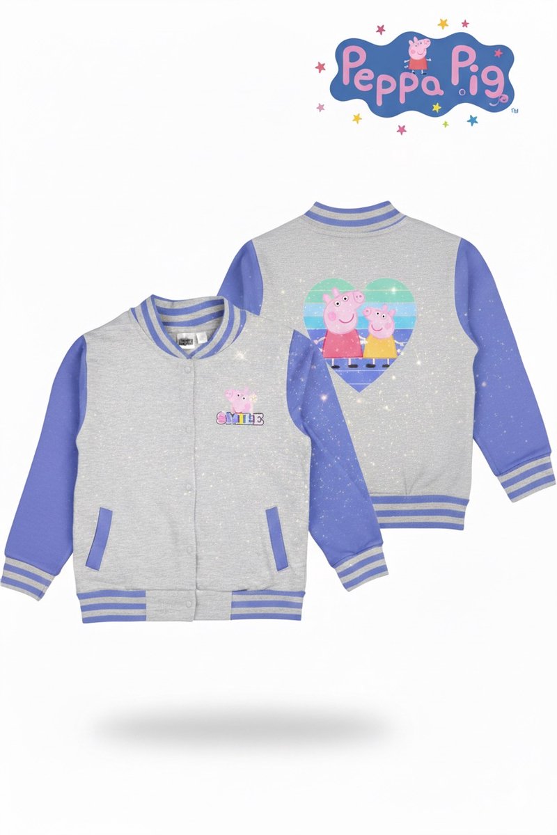 Peppa Big Collegejasje – 100% Katoen - Maat 110/116 - Peppa Big Vest – Peppa Big Kleding Meisje – Kinderjack– Meisjes Jas – Peppa Big Merchandise – Peppa & George Jas – Kinderjas met Print – Grijs Paars Collegejack – Zacht & Comfortabel