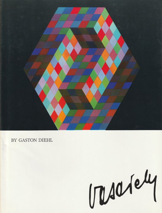 Zeshoekig patroon van gekleurde ruiten. Titel 'Vasarely' in handschrift.