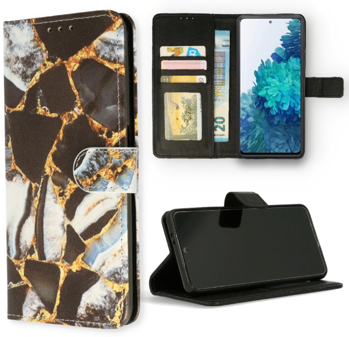 Cityhoesje - Bookcase – Geschikt voor – Samsung S24 FE – Marmer Zwart