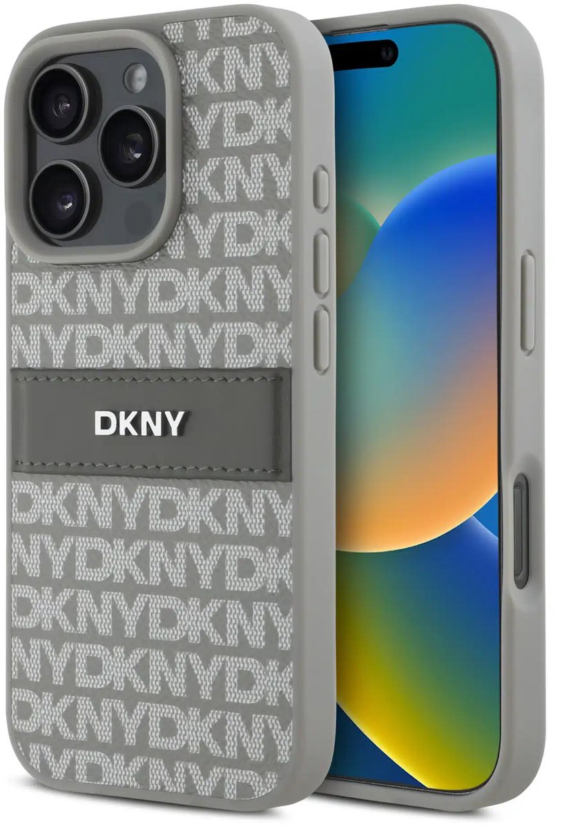 DKNY - Backcover iPhone 16 Pro Max - PU Leer Repeat Pattern Tonal Stripe - Beige