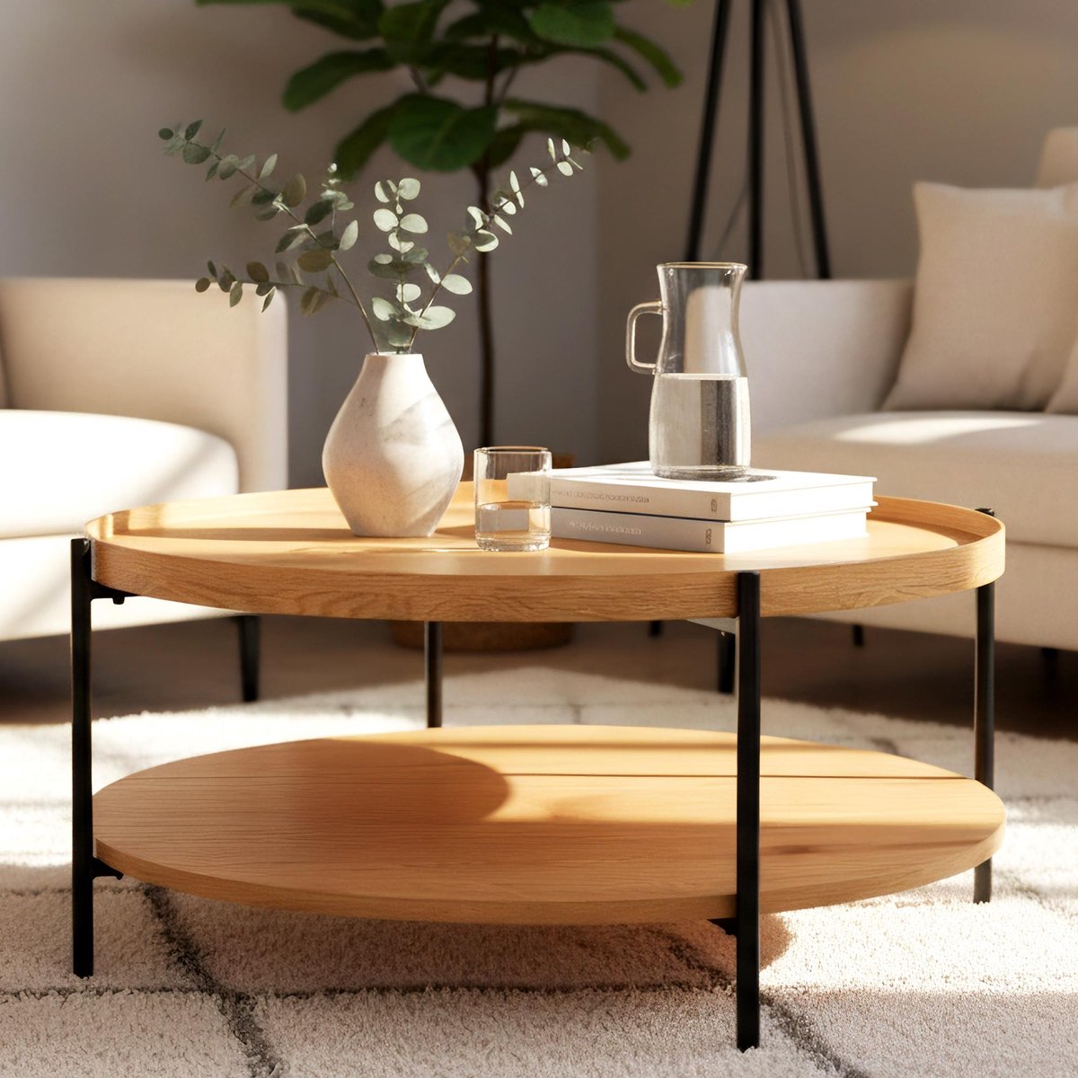 CLP Salontafel Corbitan - rond - met opbergruimte - hout - bijzettafel - zwart metalen frame - 80 cm natura