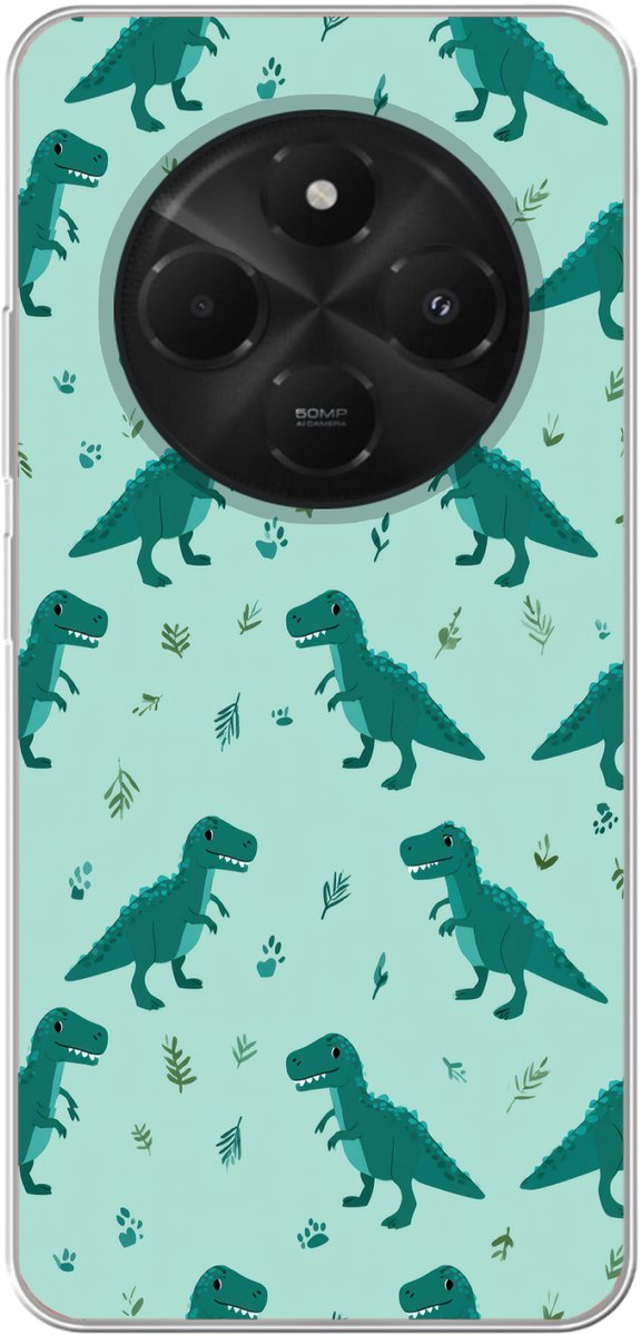 Telefoonhoesje Geschikt voor Xiaomi Geschikt voor Poco C75 (5G) hoesje - Donkergroen - Dinosaurussen - Afdrukken - Bladeren - Siliconen Telefoonhoesje Telefoonhoesje