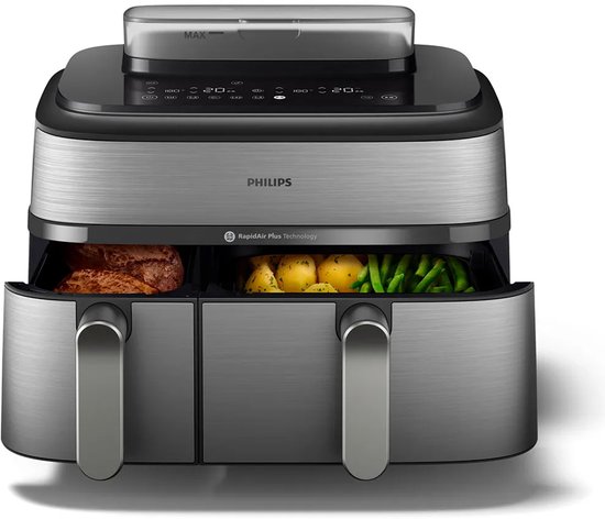 Zilverkleurige en zwarte Philips dubbele airfryer met digitale bediening en twee open lades met kip, aardappelen en sperziebonen.