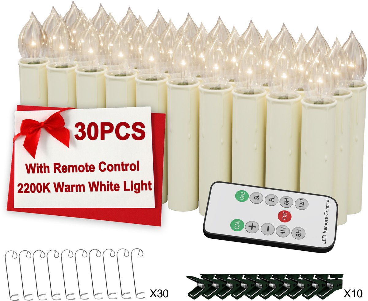 30x kerstboomkaarsen Draadloze LED zonder batterijen, zwevende kerstkaarsen met afstandsbediening & timer, kerstboomverlichting voor Kerstmis, bruiloft & feest