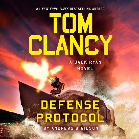 Boekomslag van 'Defense Protocol' van Tom Clancy, met een futuristisch oorlogsschip dat op zee wordt aangevallen bij zonsondergang.