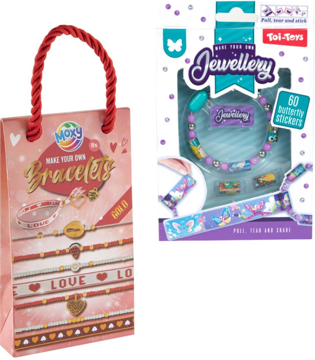Creatieve Armbandjes Cadeauset – Goud Edition – 1x Sticker Armband (Willekeurige Kleur) + 1x Moxy Make Your Own Bracelets Gold (8x) – Luxe DIY Sieraden Maken voor Meisjes – Kerst – Sinterklaas
