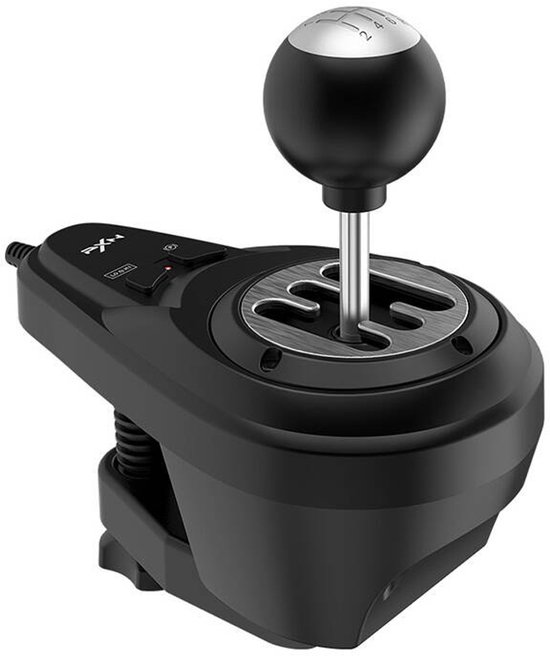 Zwarte PXN A7 racestuur shifter met zilveren pookknop, 7 versnellingen en bevestigingsklem.