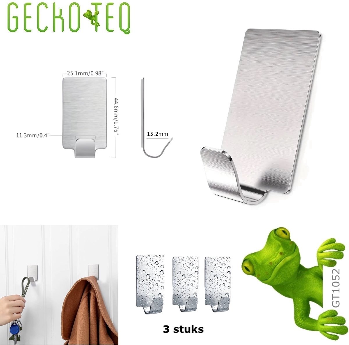 GT1152 GeckoTeq 3 stuks zelfklevende aluminium haakjes – rechthoekig – draagvermogen 5kg