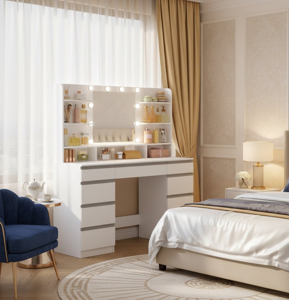 Make-uptafel met LED-verlichting 108x40x140 cm – Grote kaptafel met spiegel, 10 dimbare LED-lampen, 3 lichtkleuren, 9 laden & open planken – Moderne witte make-up tafel met houtnerf – Luxe kaptafel voor slaapkamer – Altameubel