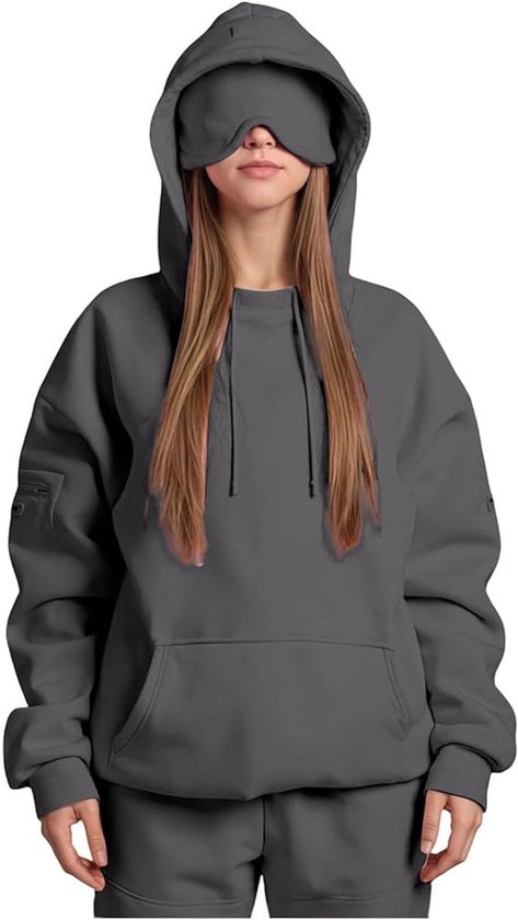 Sweat à capuche automne/hiver - Idéal pour les voyages - Nouveautés 2025 - Avec masque intégré - Coupe ample, couleur unie - Unisexe - Parfait pour les voyages d'affaires, les vacances et les séjours professionnels - Grijs, Taille M
