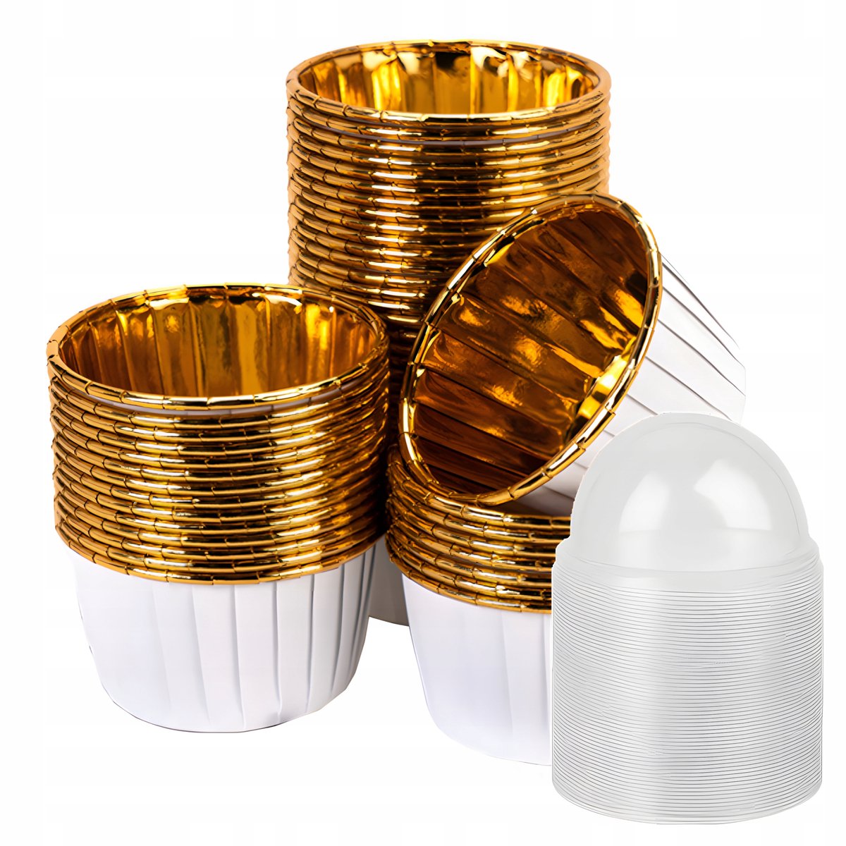 Papieren Muffin Bakjes - 50 stuks - Wit-goud design - Met transparante deksels - (breedte) 50mm x 40mm (hoogte)