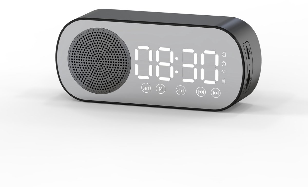 Bluetooth speaker wekker - met LED spiegeldisplay, radio, weersvoorspelling - twee alarmen met hoog volume, geschikt voor diepe slapers - zwart