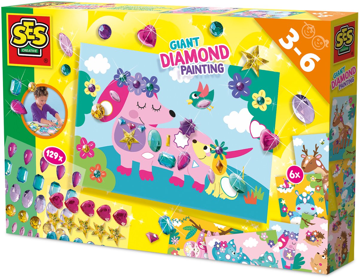 SES Creative - Giga Edelstenen Diamond Painting - Extra Grote Zelfklevende Diamanten - Verschillende Vormen en Kleuren - Inclusief Geïllustreerde Kaarten - Knutselen - Made in Holland - Vanaf 3 Jaar