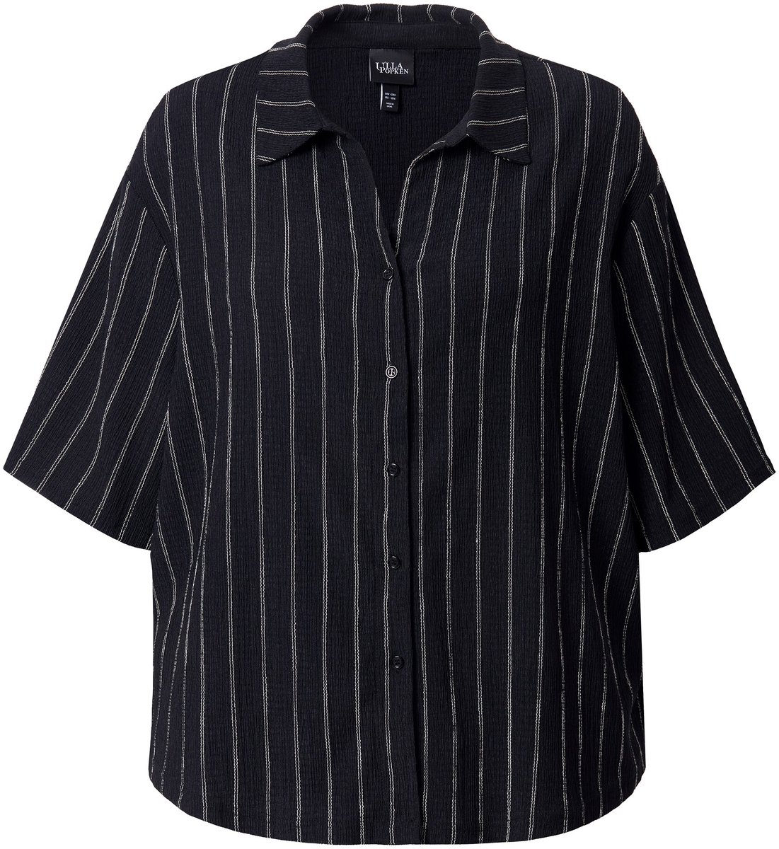 Ulla Popken - Dames - Jersey blouse strepen overhemdkraag korte mouwen - Zwart - Maat 42+