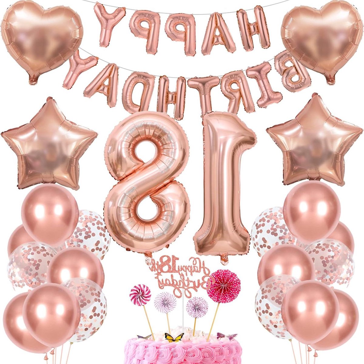 CSGoods - 18e Verjaardag Meisje Decoratie Set in Rose Goud met Cake Topper en Ballonnen