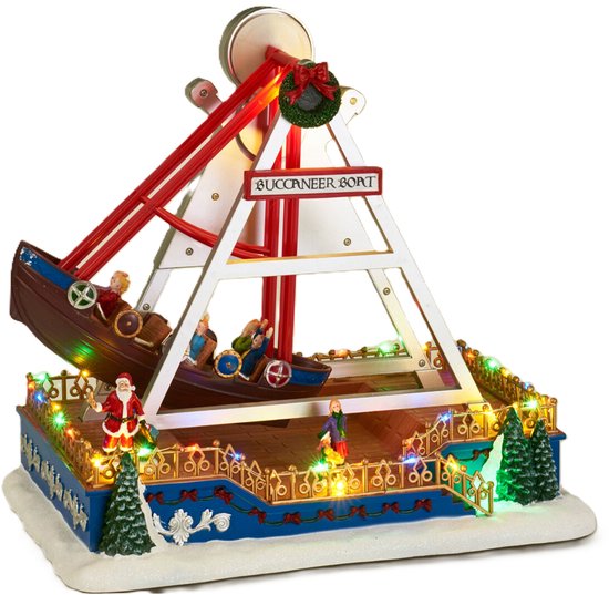 Kerstdorp schommelschip - met beweging, led verlichting en muziek - 32 cm - polyresin - Kermis kerstdorp