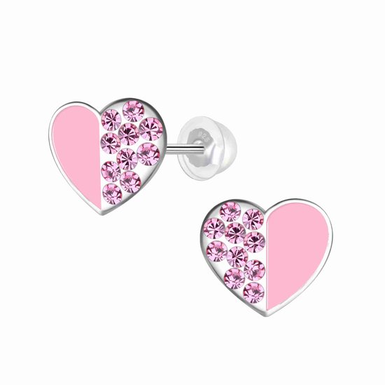 Boucles d'oreilles K3 argentées pour fille - Cristaux roses en forme de cœur K3 - 7 mm