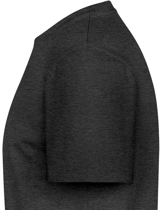 Donkergrijs T-shirt met korte mouwen, detail van de schouder.