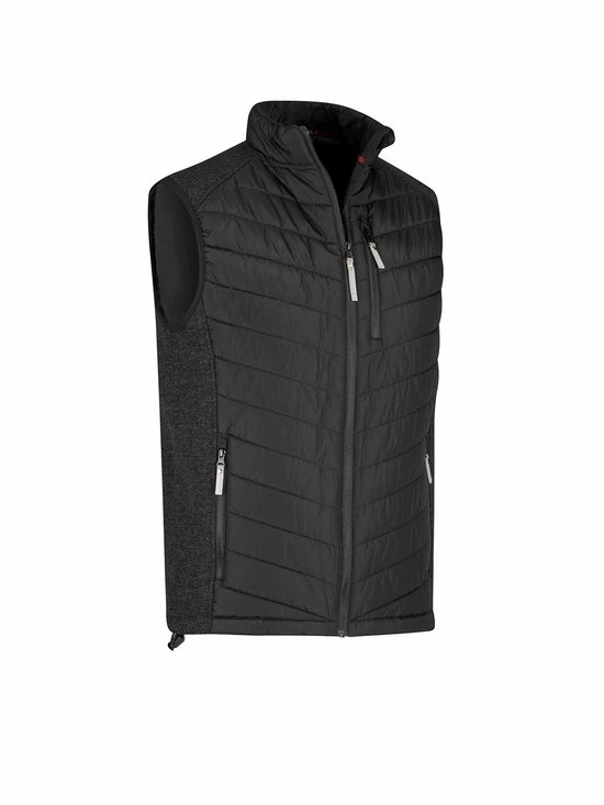 Zwarte Bjørnson bodywarmer met visgraatmotief en gemêleerde zijkanten, van voren en opzij.