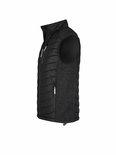 Profiel van een zwarte bodywarmer met gewatteerde panelen en textuur zijpanelen.