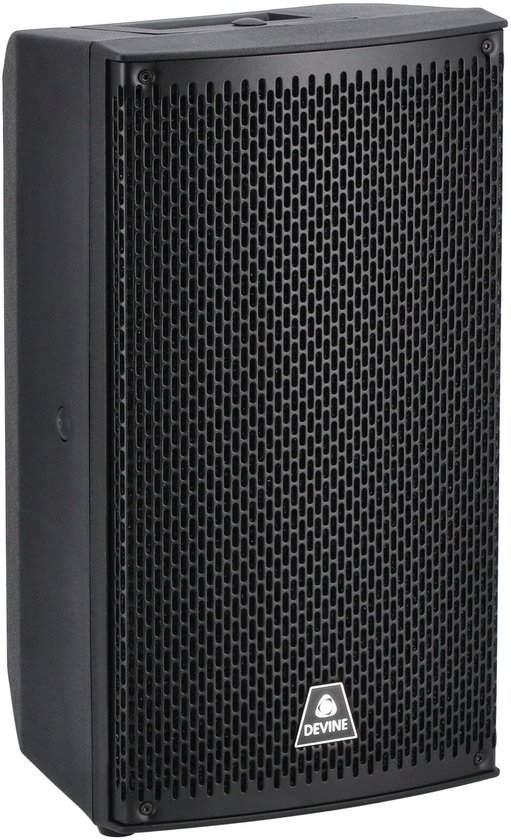 Zijkant van zwarte Devine Onyx 8 luidspreker met metalen grill.