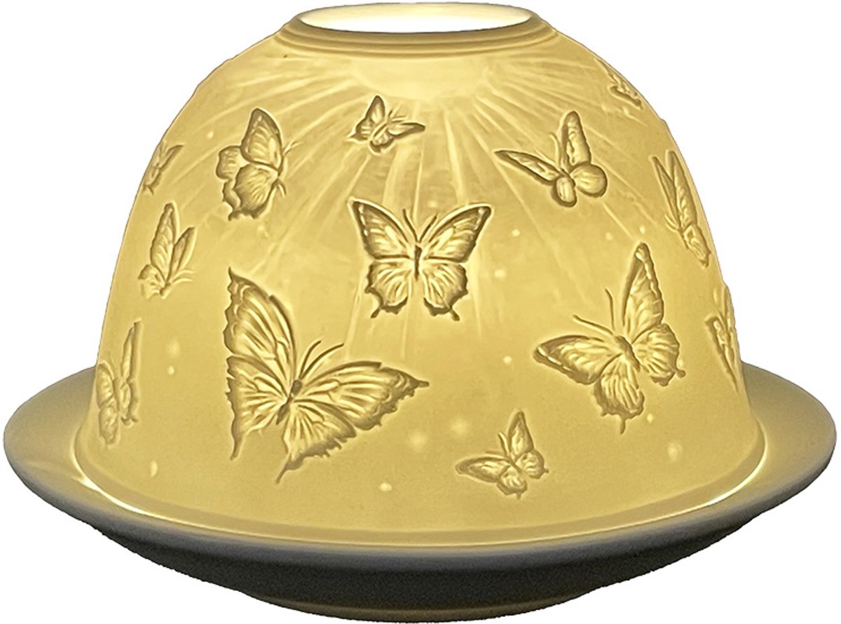 Clayre & Eef Waxinelichthouder Ø 12x8 cm Wit Porselein Vlinders
