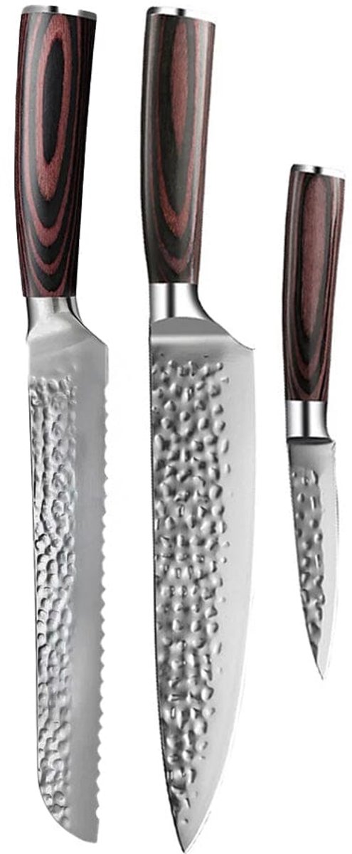 Shinrai Knives - Hammered RVS 3-delige Messenset - Koksmes + Broodmes + Schilmes