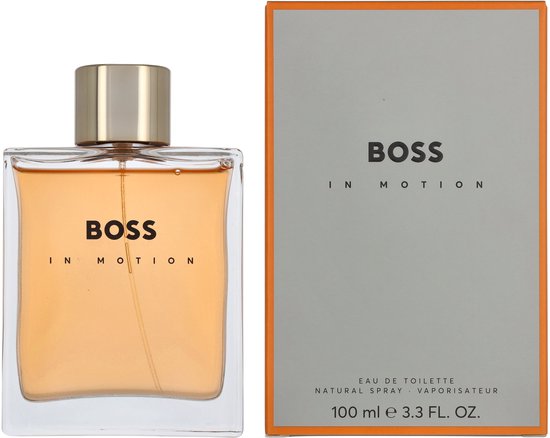 Fles en doosje BOSS IN MOTION eau de toilette natural spray 100 ml. Grijze doos met oranje rand.