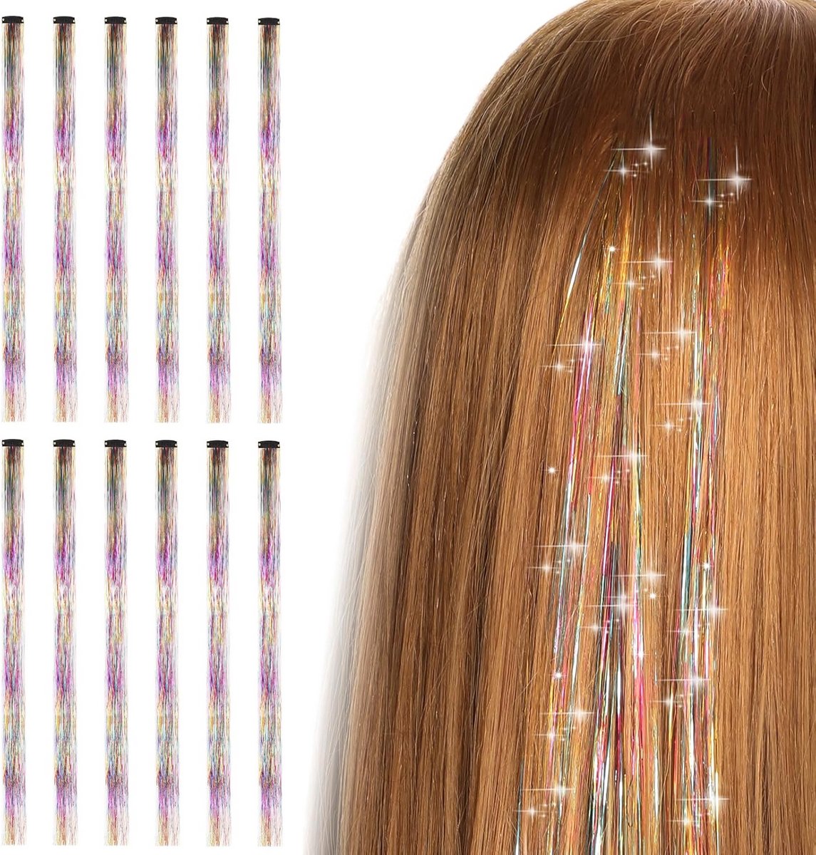 12 Stuks Glitter Haarstrengen met Kliksluiting voor Vlechten en Extensies