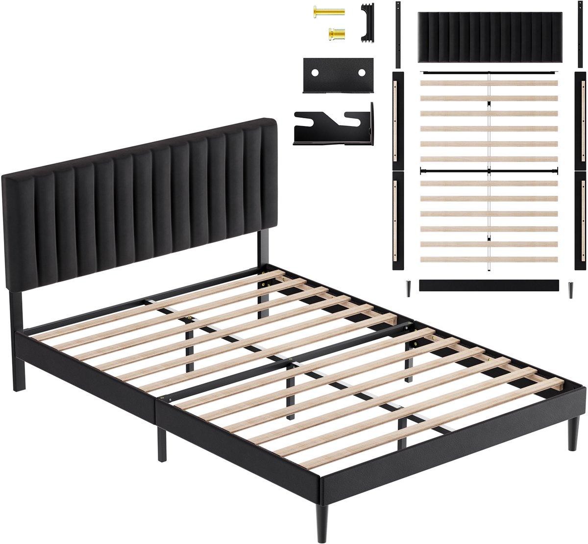KUTAS Gestoffeerd Bed - Metalen Bedframe - Met Verstelbaar Gestoffeerd Hoofdbord Zwart - 140x190 CM - Minimalistisch Bedframe - Stevig - Stil - Anti Slip - Draagkracht 480 kg