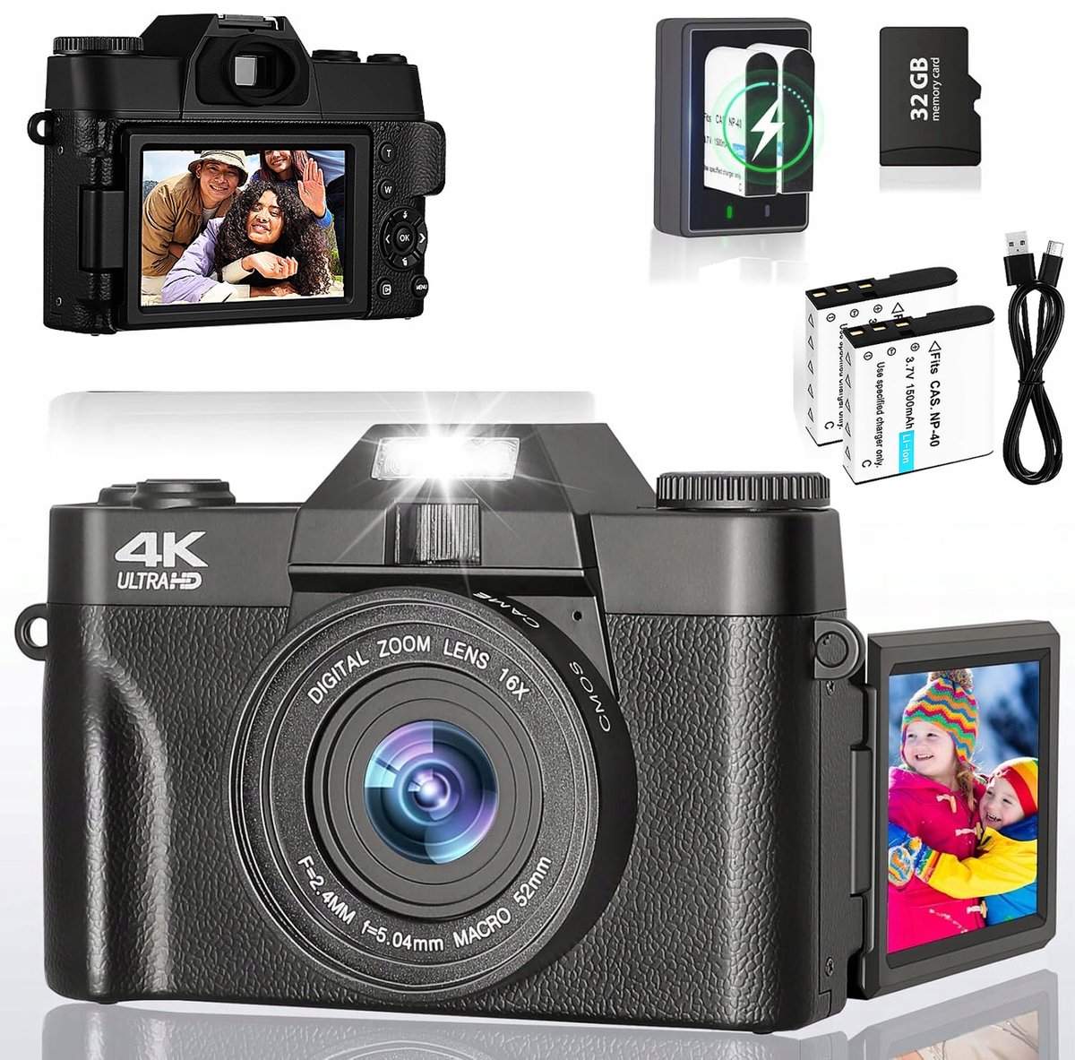 Digitale Camera 76MP - 16x Zoom & 4K Video - Vlogger Kit met 32GB Kaart - Draagbaar YouTube Camera