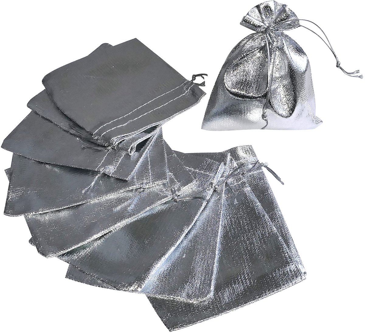 Set van 10 portemonnees-zakjes-cadeau-sieraden-cosmeticazakjes 100x120 mm - schuifsluiting met trekkoord - kleur: zilver