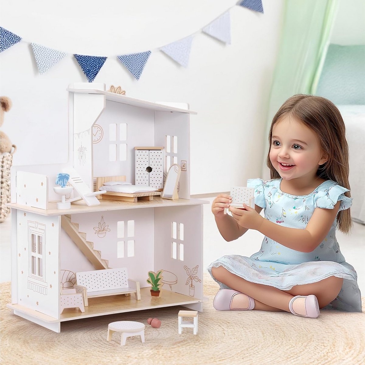 Houten poppenhuis met meubels - Twee verdiepingen en balkon - Speelgoed voor kinderen vanaf 3 jaar