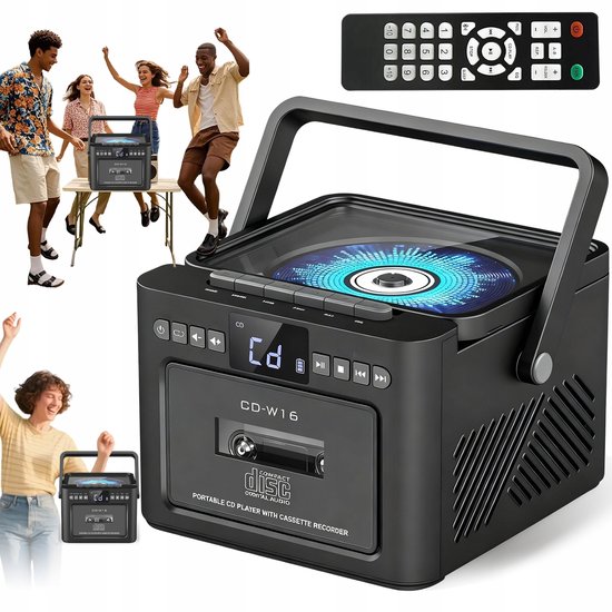 Bluetooth cd/cassette speler met radio, Bluetooth 5.1, 5000mAh batterij, afstandsbediening, zwart, draagbaar