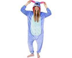 KIMU Onesie Stitch Pak - Maat 140-146 - Monster Jumpsuit Huispak Fleece Pyjama Kinderen Jongen Meisje Blauw Monstertje Lilo Alien Fleece Kerstkado Kerst Kado