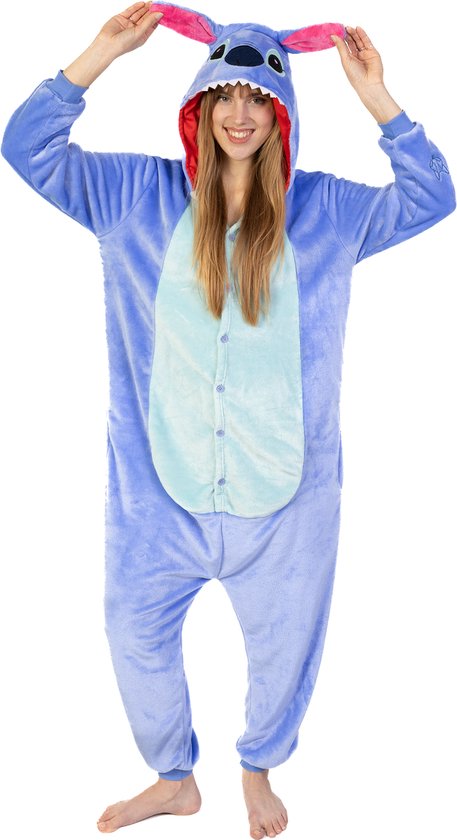 KIMU Onesie Stitch Pak - Maat 140-146 - Monster Jumpsuit Huispak Fleece Pyjama Kinderen Jongen Meisje Blauw Monstertje Lilo Alien Fleece Kerstkado Kerst Kado