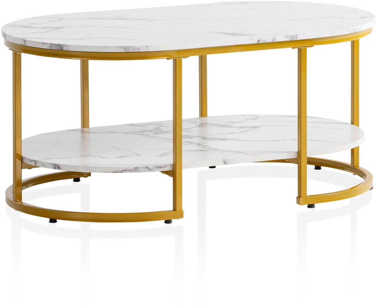 salontafel 100x60x45 cm wit met marmerlook, design woonkamertafel rechthoekig, loungebanktafel met plank, moderne salontafel met gouden metalen frame
