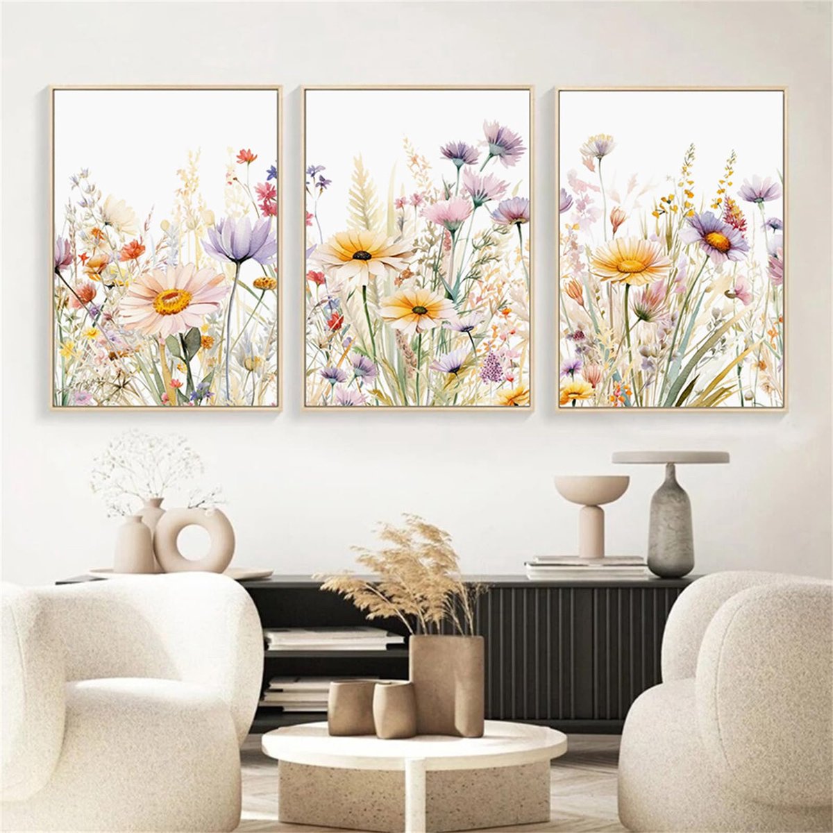 Unyqoos Drie-delige set canvas kunstdrukken met madeliefjes voor stijlvolle muurdecoratie bloemen