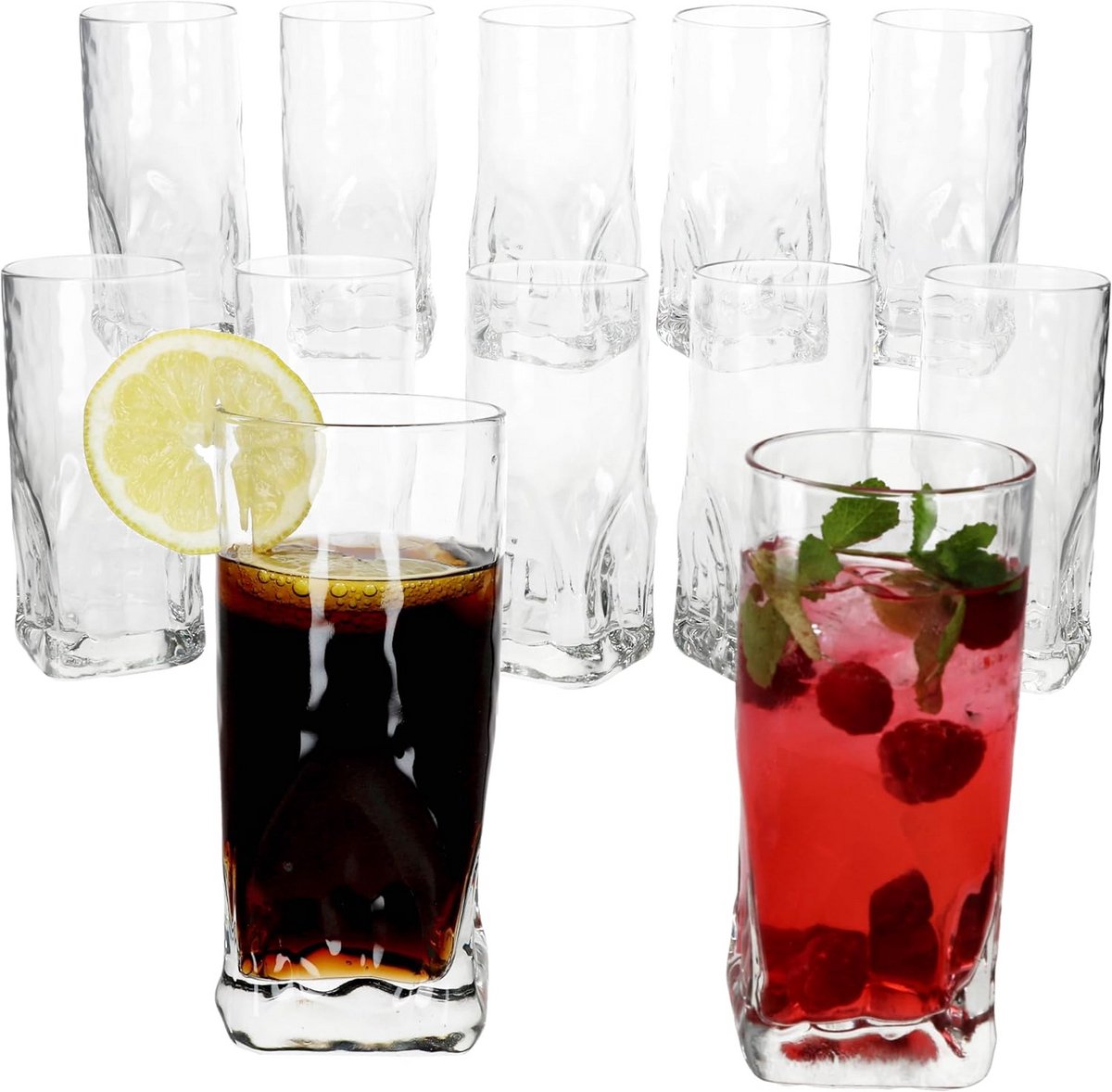Set van 12 Stuks Longdrinkglazen 400 ml met Zware Bodem en IJskristal Reliëf