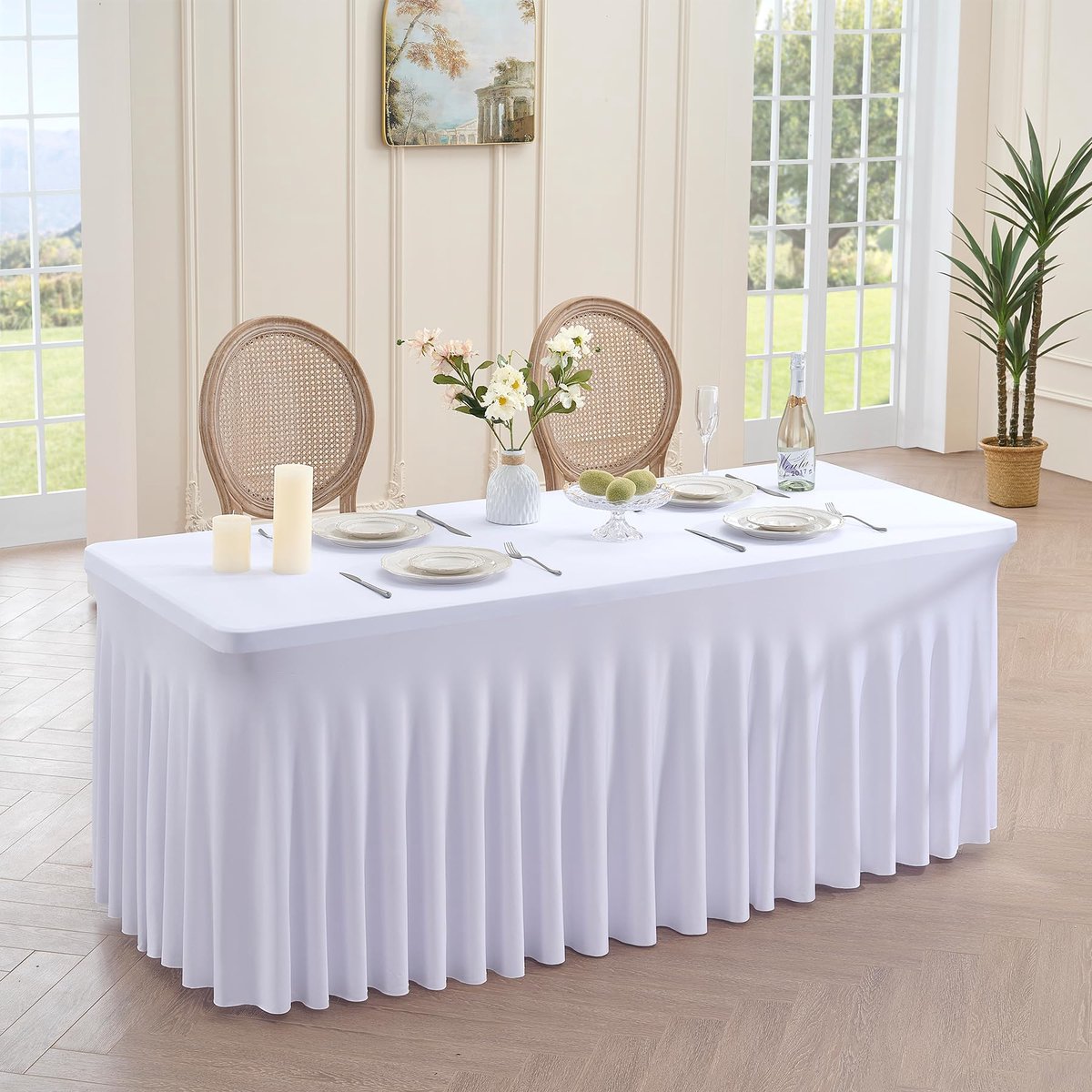 Unyqoos® Set van twee elegante witte spandex tafelkleden met rok voor evenementen