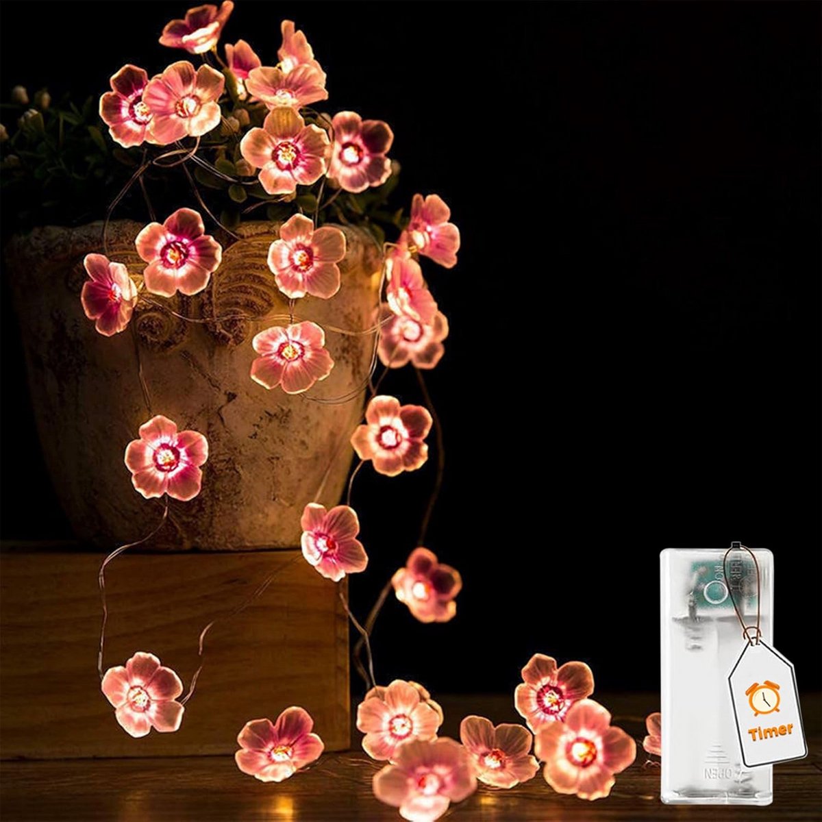 SnelShoppen - Cherry Blossom Fairy Lights met Timer 2m - 20 LED Roze Bloemen Sfeerverlichting voor Binnen en Buiten - Perfect voor Bruiloften, Tuin, F