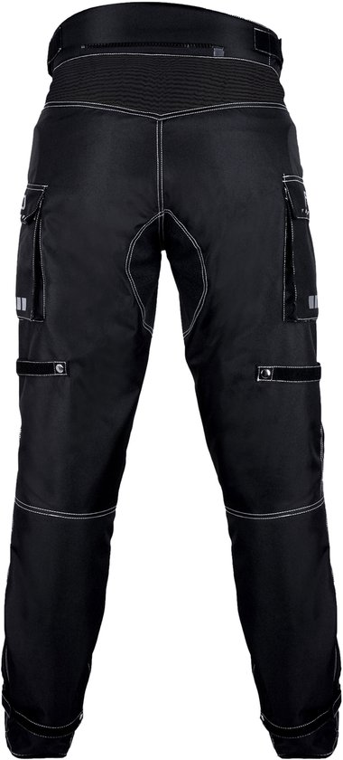 Zwarte motorbroek met witte stiksels, van achteren, met 'ARD' logo en reflecterende details.