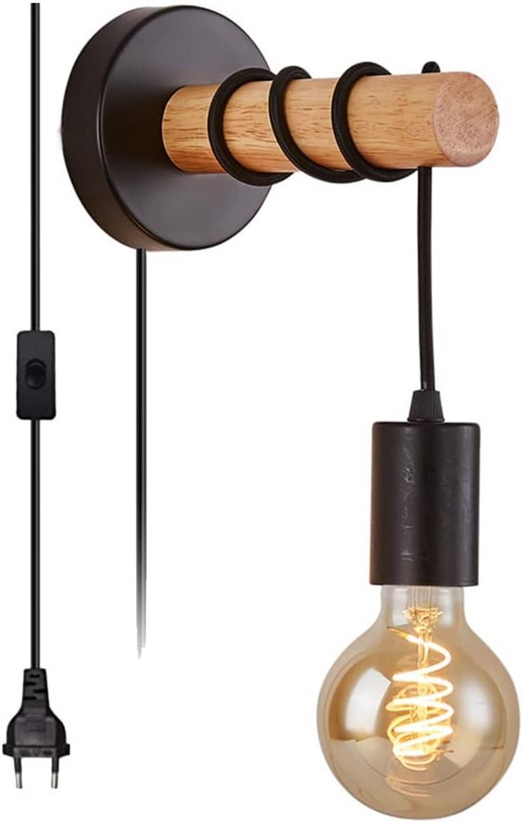 Zwarte Industriële Wandlamp van Metaal en Hout voor Binnen - E27 Sconce voor Slaapkamer, Woonkamer, Keuken, Hal en Bar