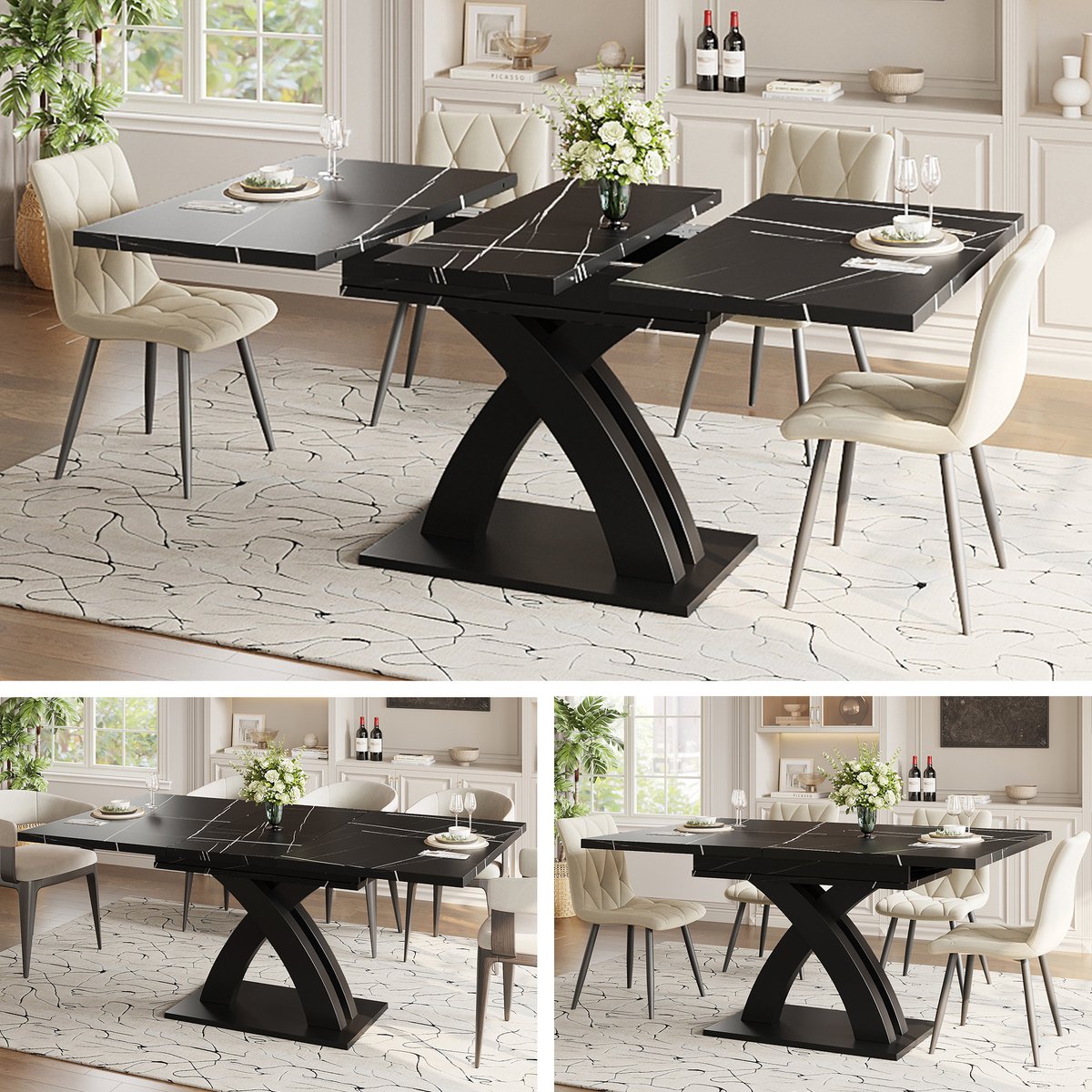 Uitschuifbare eettafel 120-160 x 80 x 76 cm - geschikt voor eetkamer - keuken of terras - plaats voor 6 personen - zwart