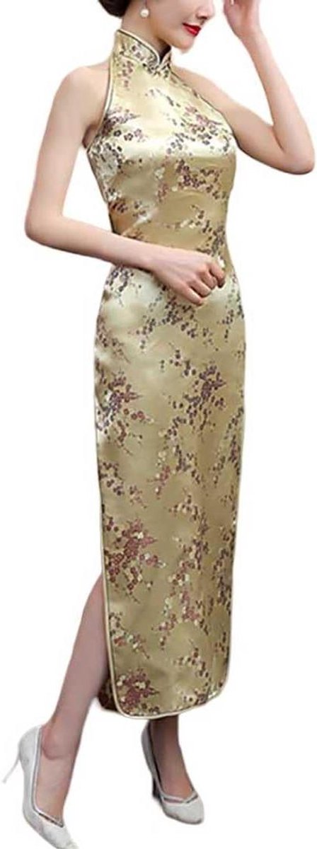 Provento - Lange Dames Cheongsam Jurk met Halterhals en Zijsplit - Mouwloos - Mandarijn Kraag - Party Outfit.