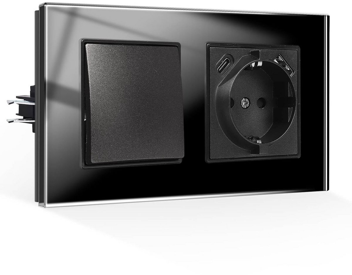 Inbouw Lichtschakelaar met Dubbele USB Laadpoort (Type-A & Type-C), Zwarte Glasplaat