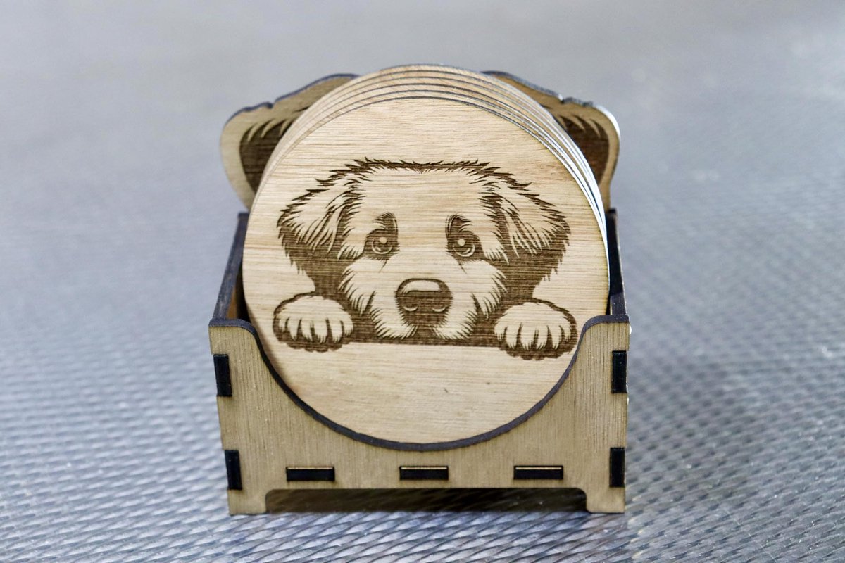 6 houten onderzetters peeking dog met houder