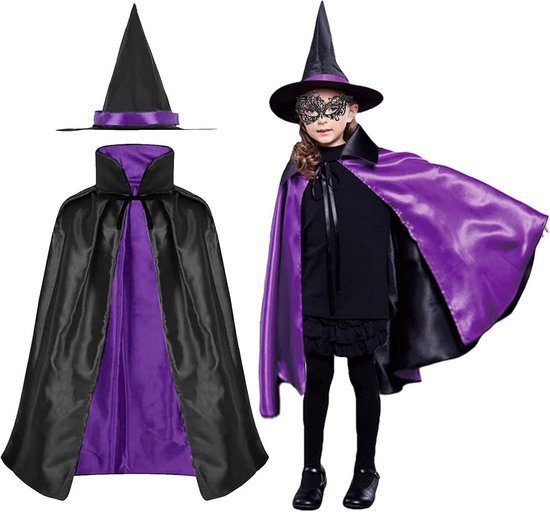 Omkeerbare Heksenmantel met Puntmuts - 2 Stuks Set voor Kinderen en Volwassenen (90 cm) - Halloween, Carnavalskostuum en Rollenspel